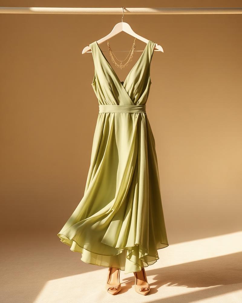 Vestido em verde sálvia com detalhes dourados