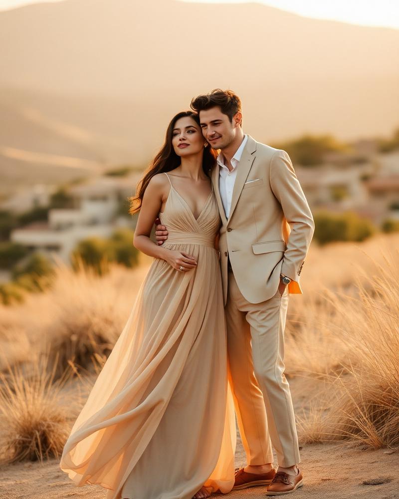 Casal em traje bege areia ao pôr do sol