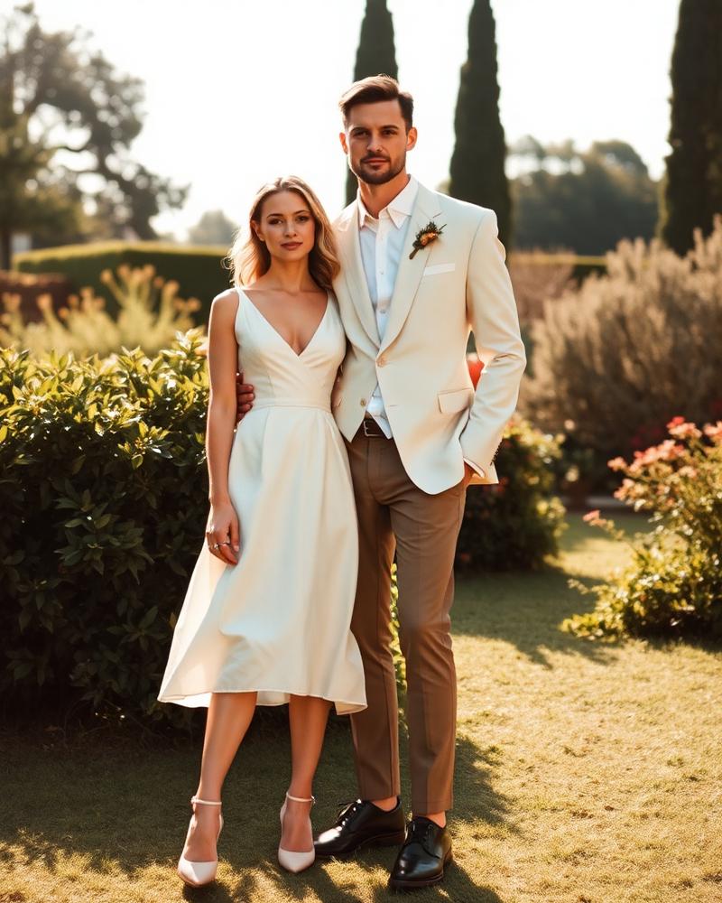 Casal em traje off white em um jardim