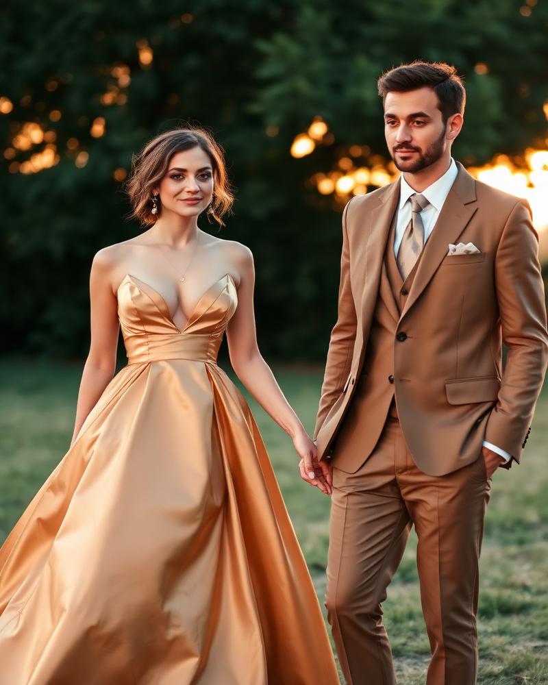 Vestido dourado acetinado e terno marrom