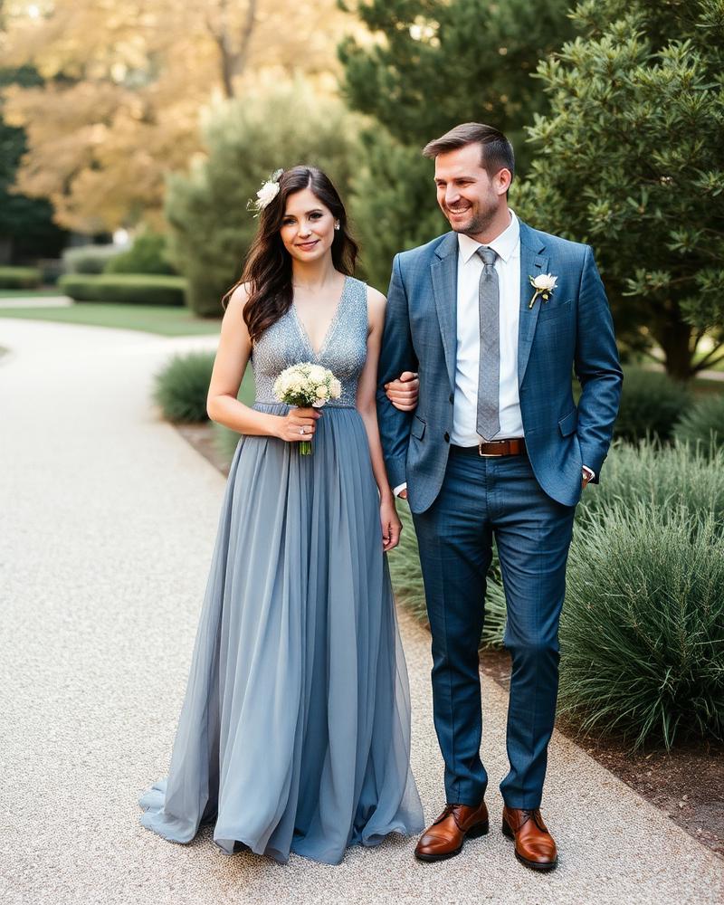 Casal em traje azul acinzentado